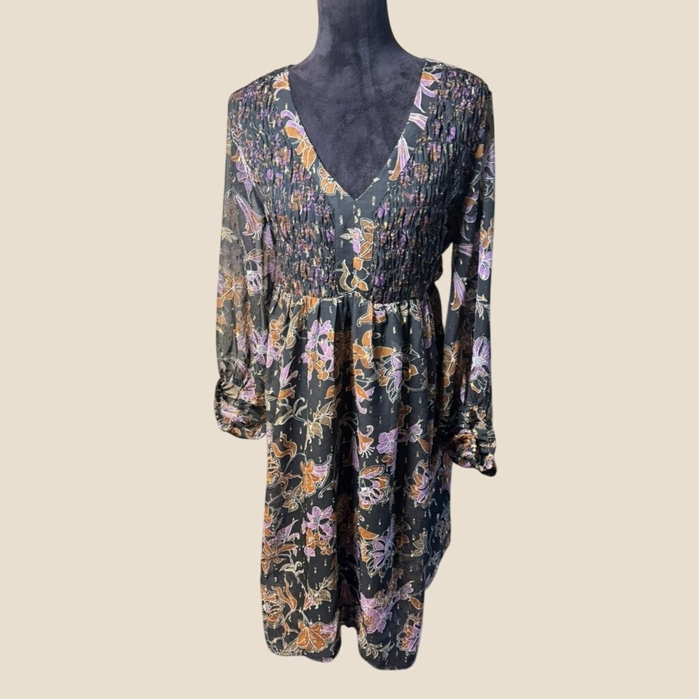Cato Dress Womens L Black Excellent Floral Metallic Smocked V-Neck Midi Boho